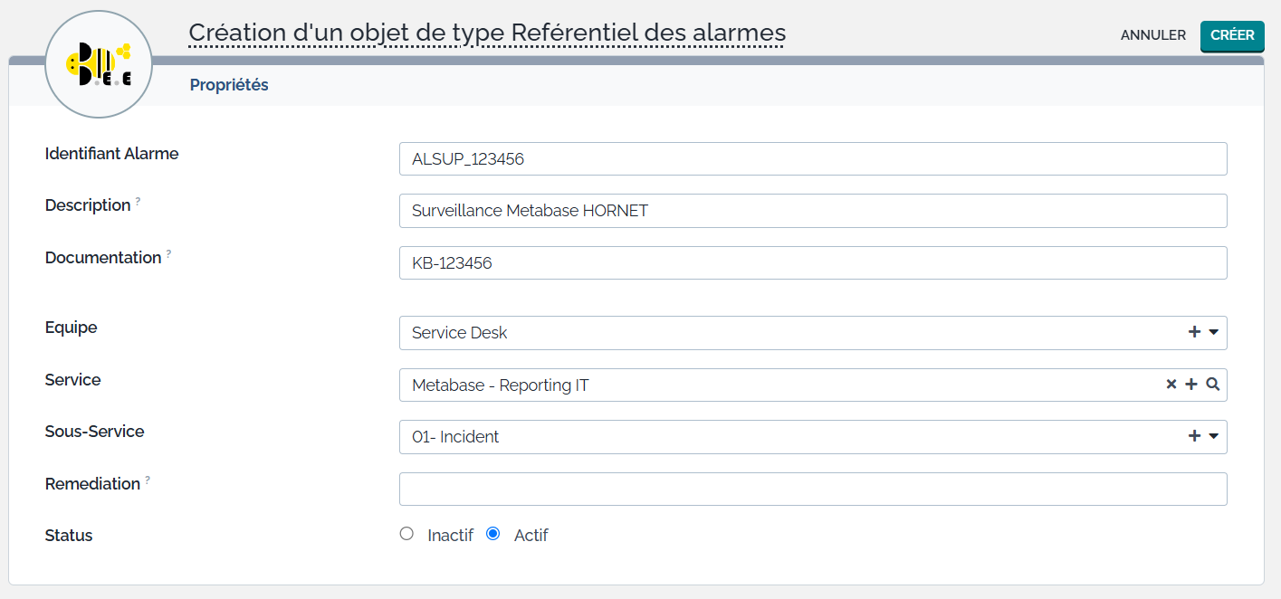 BeeMapping — création d’un objet de type Référentiel des alarmes dans iTop